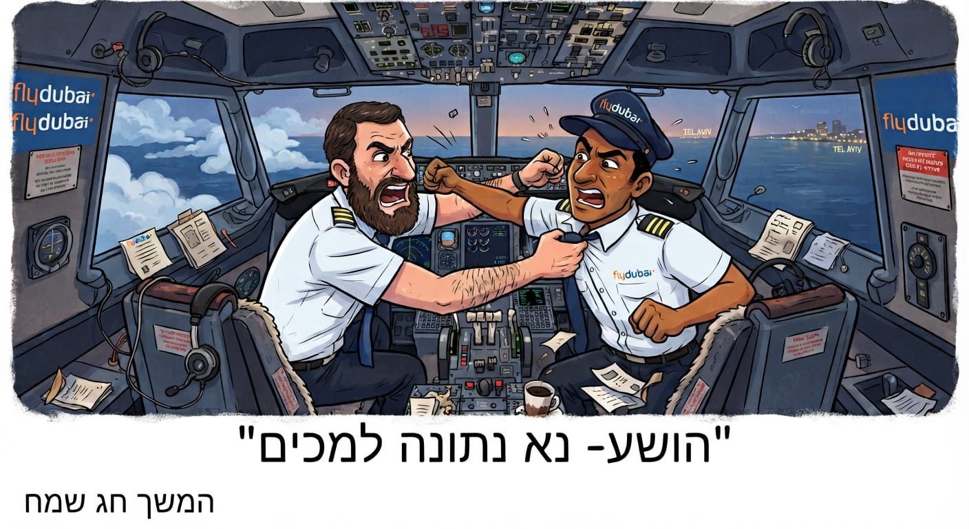 קריקטורה של שני טייסי פליי דובאי מתקוטטים בתוך תא הטייס