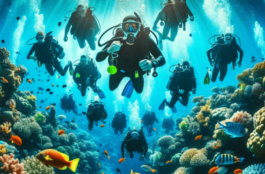DALL·E 2023-12-31 15.31.35 - An underwater scene of scuba diving in Eilat, Israel. The image shows a diverse group of scuba divers exploring the vibrant coral reefs of the Red Sea (1)